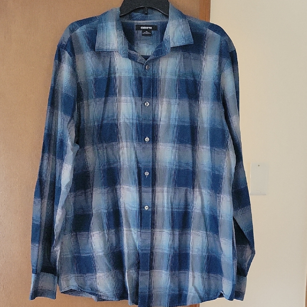 Claiborne Men's Blue and White Plaid Shirt